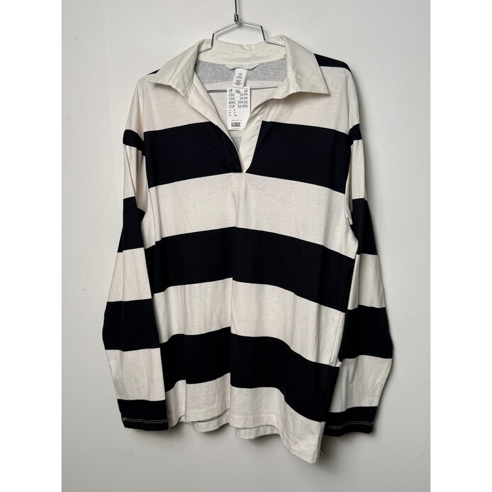 HM Womens Striped Rugby Polo Shirt Black White Long Sleeve Cotton Size S NEW